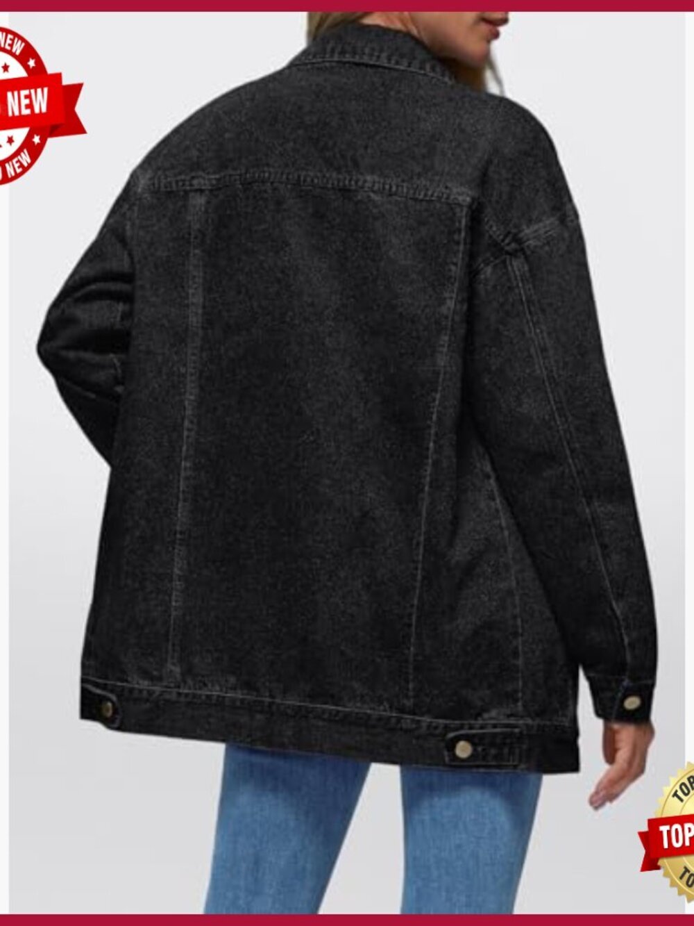 Oversized Denim Jacket, Boyfriend Style with Chest Pockets, Cotton - Picture 4 of 5